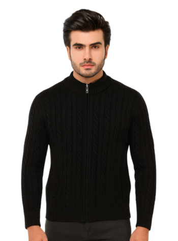 Black Cable-Knit Full-Zip Sweater