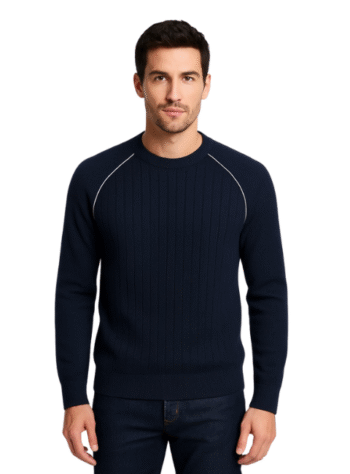 Navy Blue Ribbed Knit Sweater with White Piping Detail